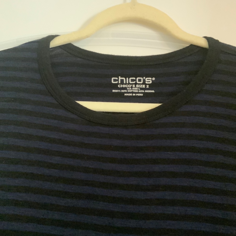 Chico’s Long Sleeve Black/Blue Striped T-Shirt/Top - Picture 2 of 3